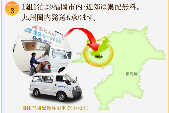 【STEP3】1組１泊より福岡市内・近郊は集配無料。それ以外の地域もお安くお見積もりさせていただいております。お気軽にお問い合わせください。自社布団配達専用車で伺います！